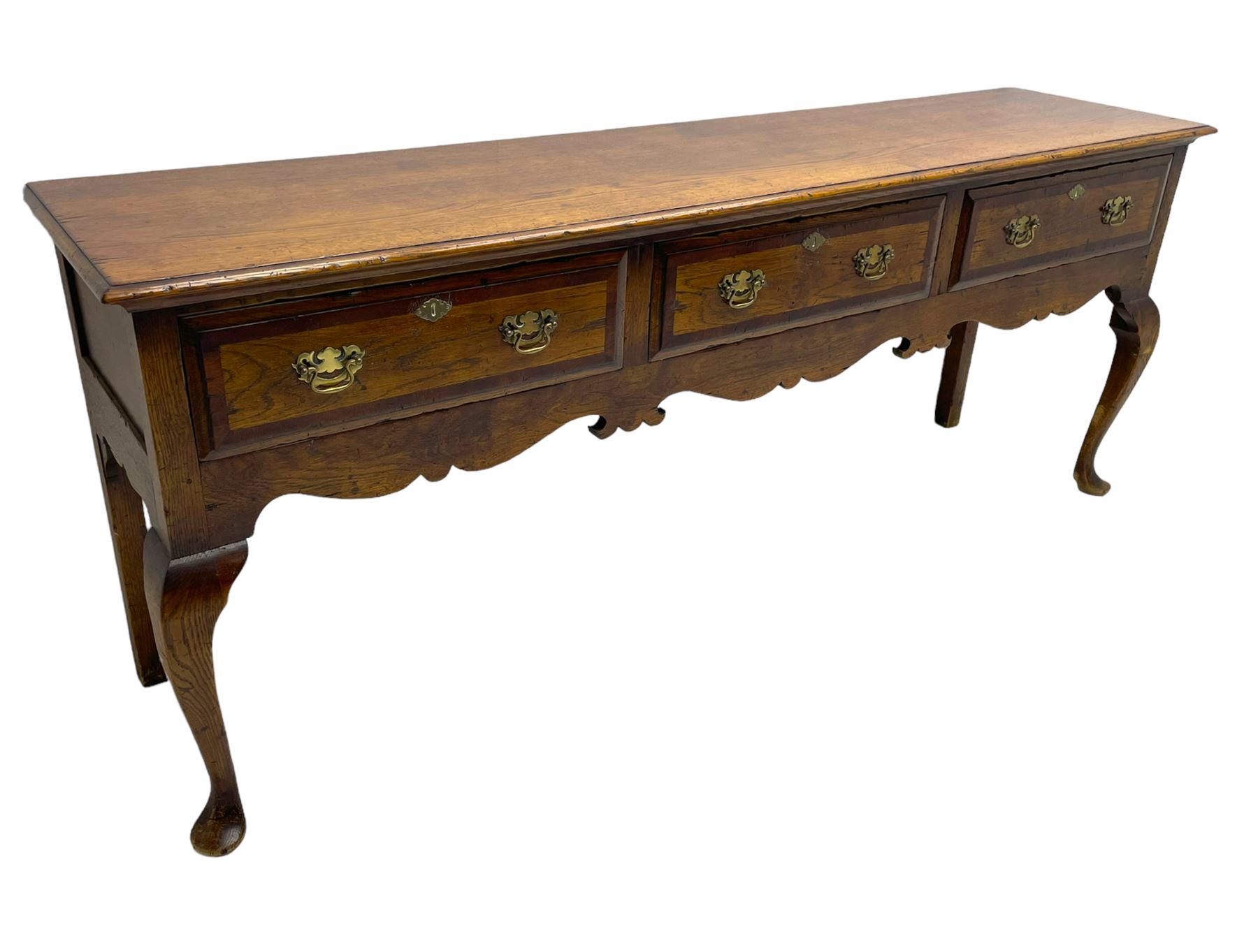 Georgian design oak dresser base, moulded rectangular top over three drawers with moulded fronts and mahogany bandings, shaped apron on cabriole front supports