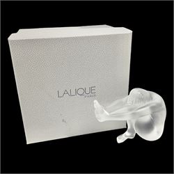 Lalique Nude Temptation, a frosted glass figure of a woman crouching with leg outstretched, in original box, H8cm