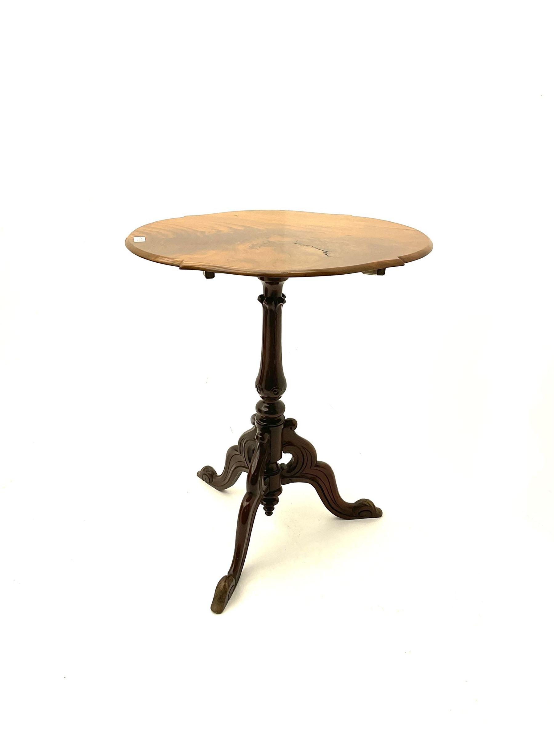 Victorian mahogany tripod table, shaped tilt top on turned and carved column, three shaped splayed supports the acanthus carved terminals