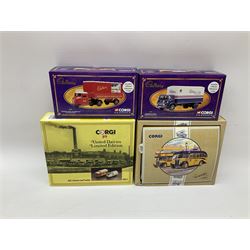 Corgi - four Weetabix promotional models; three Cadburys promotional models; United Dairies limited edition two-vehicle set; AEC limited edition two-vehicle bus set; and five other Corgi die-cast models/figures; all boxed (14)
