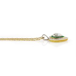 15ct gold and platinum diamond and emerald heart pendant, the principal milgrain set,  heart cut diamond of approx 1.00 carat, with calibre cut emerald and round cut diamond surround, on an 18ct gold fancy link chain necklace, hallmarked