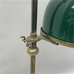 19th century brass Bouillotte candle lamp with adjustable green glass shade, with a circular base and snuffer, H48cm