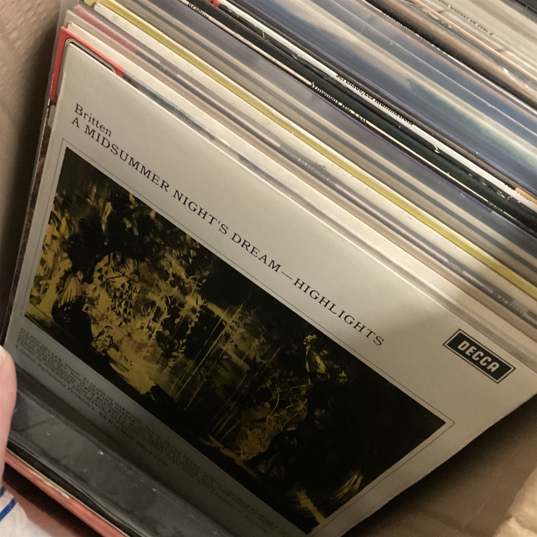 Collection of vinyl LP records in four boxes, mainly Jazz and Classical including Piano Rags by Scott Joplin, Sarah Vaughn, Duke Ellington and His Orchestra and Louis Armstrong, etc