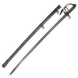 British 1821 Pattern Light Cavalry Officer's sword, with plain 87.5cm slightly curving fullered steel blade and plain steel three-bar hilt with wire-bound fish skin grip and plaited knot on later cord; in steel scabbard with two hanging rings L103cm overall