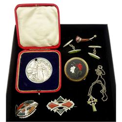 Gold pietra dura brooch, pair of silver stone set cufflinks by Adie & Lovekin Ltd, Birmingham 1902, and three silver Scottish hard stone brooches, cross pendant necklace and a silver medallion