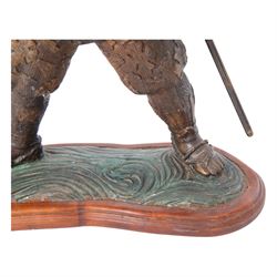 Japanese bronze of a Samurai, possibly Meiji period, standing holding spear, on a wave form base, H72cm