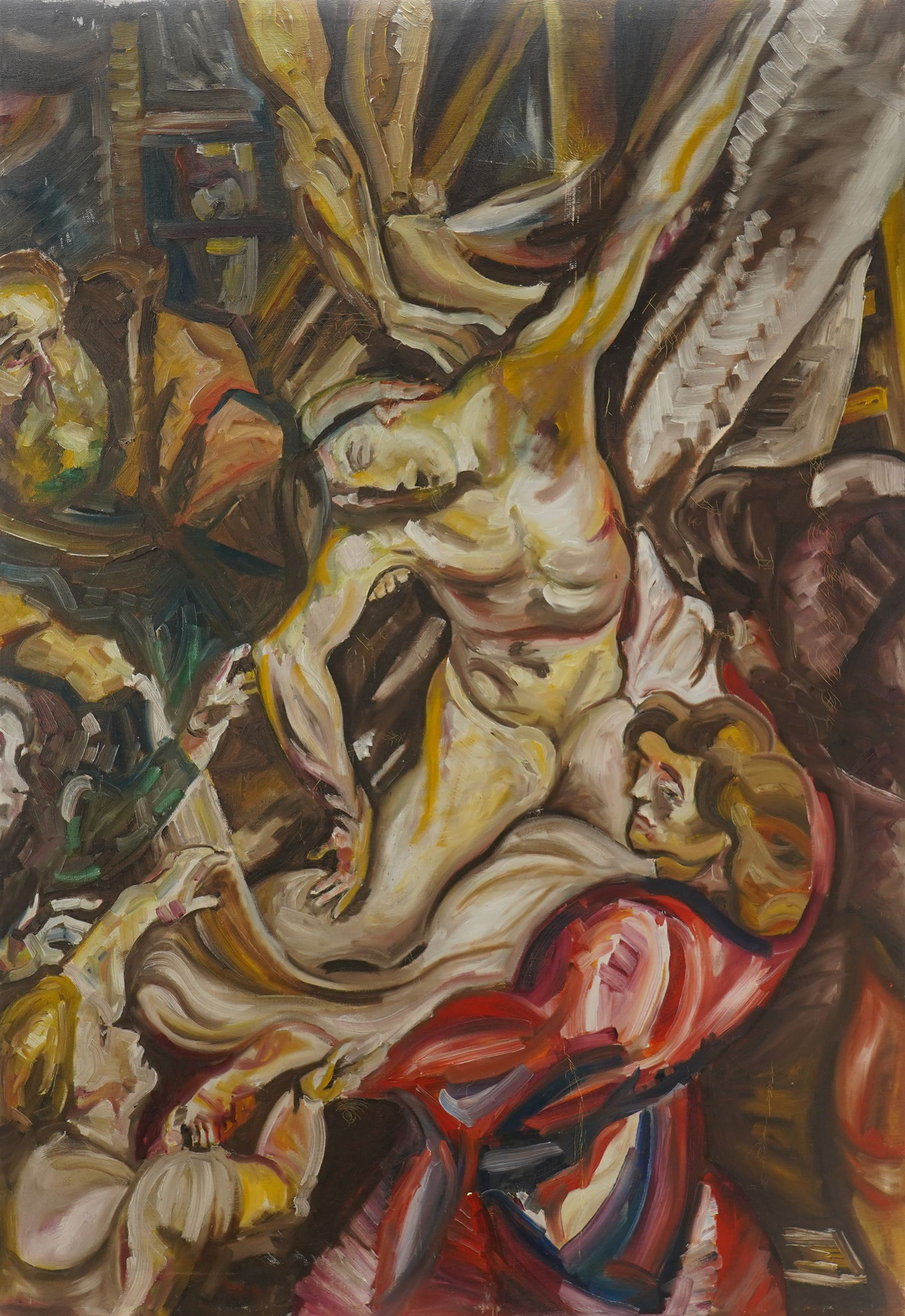 English Expressionist School (Mid-20th century): 'Jesus Taken Down from the Cross', oil on canvas unsigned 120cm x 84cm