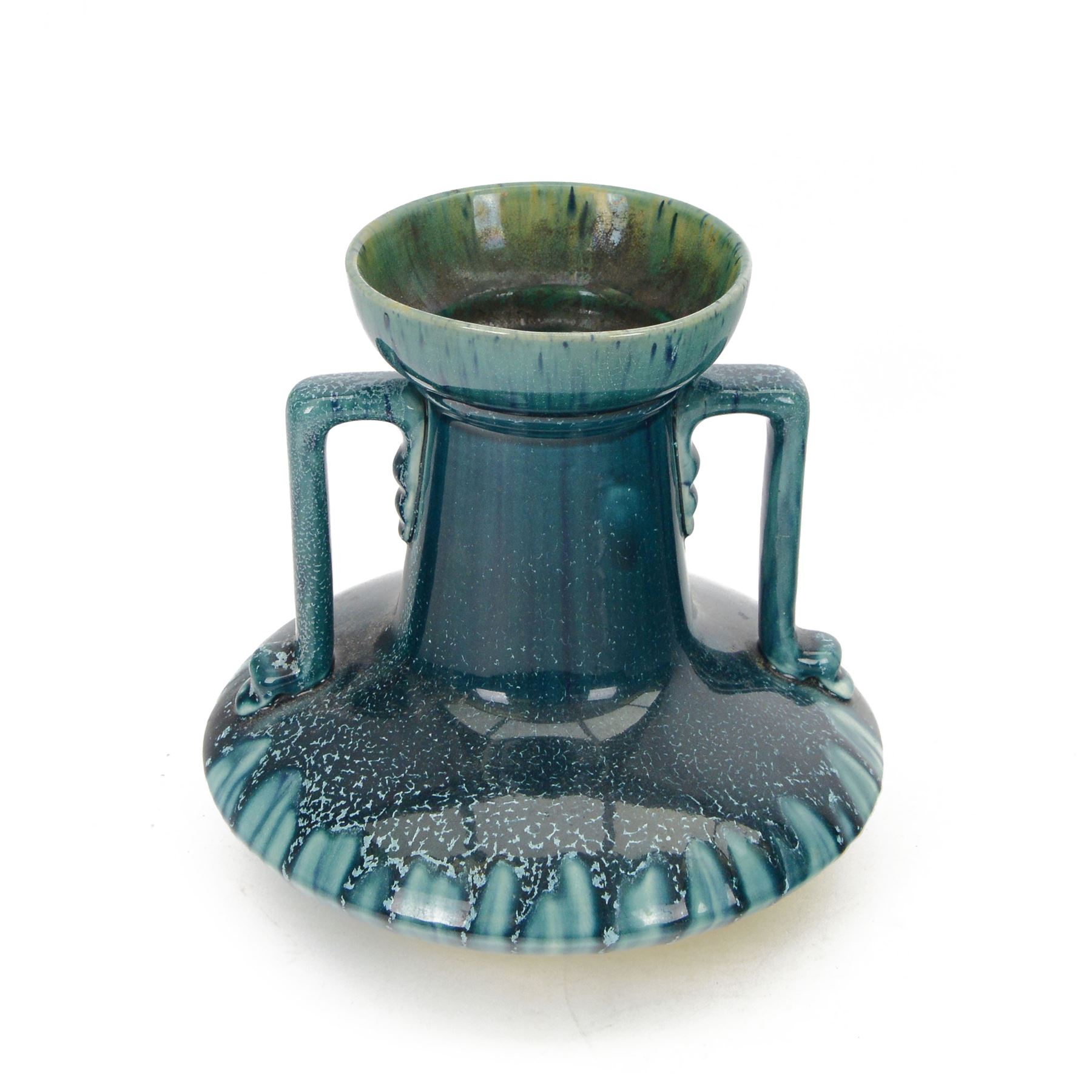Linthorpe twin handled vase, in green and blue trailing glaze, impressed marks beneath, H22cm 