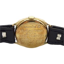 Raich Carter - Rone Sportsmans gent's 9ct gold cased manual wind wrist-watch, the silvered dial with Arabic numerals and subsidiary seconds dial, inscribed to the back 'Presented to H. Carter by Derby County FC winners of English FA Cup 1945-6', leather strap. Provenance: By direct descent from the family of Raich Carter having been consigned by his daughter Jane Carter.