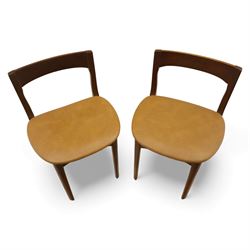 Mid 20th century living room furniture, comprising of a pair of Nathan teak dining chairs, each with curved open backrests and shaped seats, together with a Danish teak coffee table, rectangular top inset with decorative ceramic tiles, on square tapered supports
Chairs (H 73cm, W 48cm)
Table (H 41cm, W 81cm, D 47cm)