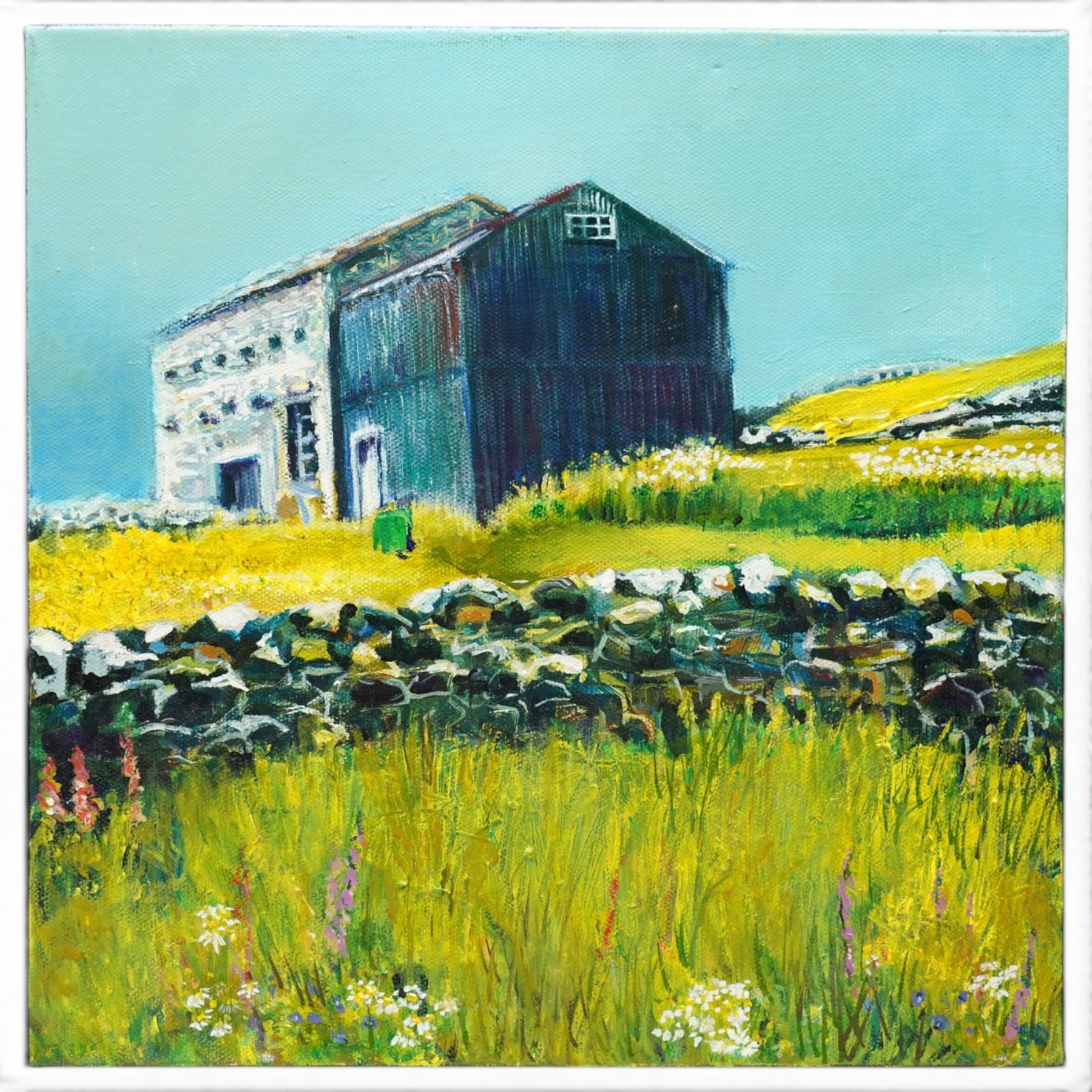 Sue Dewhurst (British Contemporary): 'Barn with Blue Door' 'Blue Metal Barn' 'Haytime' and others, set of five oils on canvas variously signed and titled, max 61cm x 61cm (5)