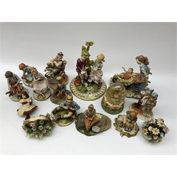 Collection of Capodimonte and Naples figures, including boy with telephone, boy and girl by a tree, man on rocking horse etc.  