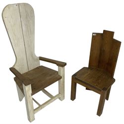 Brutalist high back open armchair (W67cm, H143cm, D58cm); and a similar pine side chair (W51cm, H108cm, D47cm)