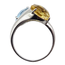 18ct white gold briolette cut topaz and citrine crossover ring, stamped 750