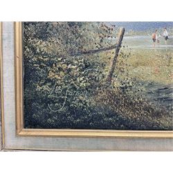 Les Parson (British 1945-): Young Boys Playing on the Lake and Moored Sailing Boats, two oils on canvas signed max 50cm x 76cm (2)