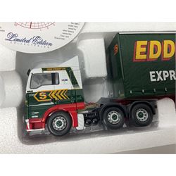 Corgi Eddie Stobart - three limited edition lorries; CC12936 Sight & Sounds Scania Topline Curtainside Trailer; CC13812 Hauliers of Renown Mercedes-Benz Actros Curtainside Knauf; and CC13405 MAN TGA XL Step Frame Curtainside Trailer; all boxed (3)