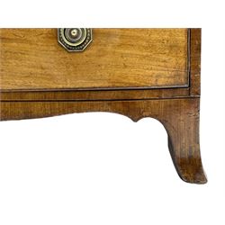 George III inlaid mahogany bow-front chest, fitted with four graduating drawers, octagonal plate and loop handles, shaped apron and splayed bracket feet
