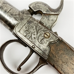 19th century English percussion box lock pocket pistol by Booth Huddersfield with (seized) turn-off barrel, engraved lock, walnut stock and thumb safety L16cm overall