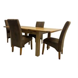 Contemporary oak extending dining table, rectangular top with canted corners on square supports, with two additional leaves (W133cm D93cm H78cm); and set four high back dining chairs, upholstered in brown faux suede (W46cm H103cm)