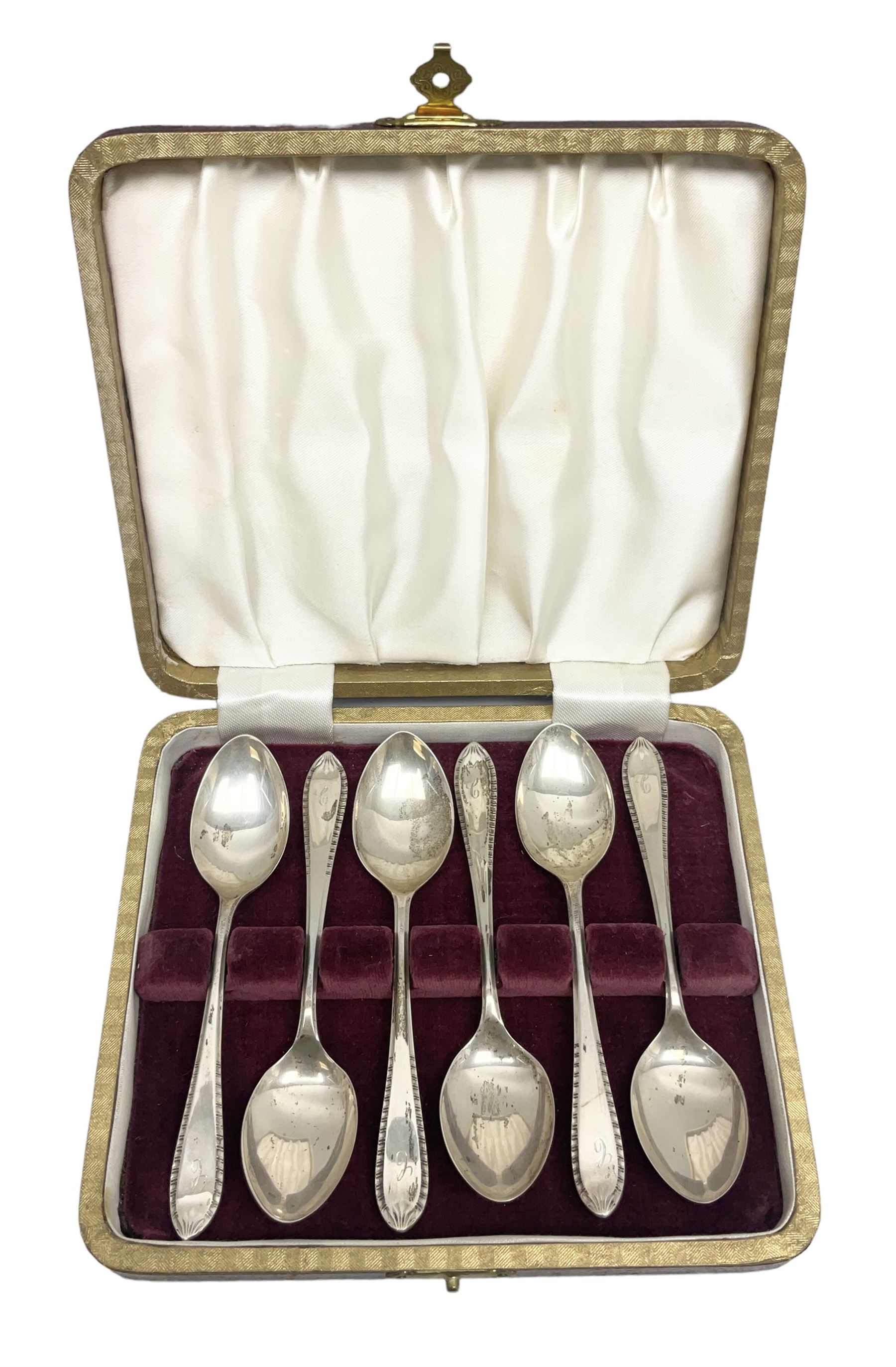 Cased set of six mid 20th century silver coffee spoons, hallmarked Sheffield 1954 and 1956, approximate silver weight 79.6 grams