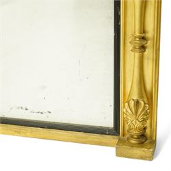 Early 19th century Regency giltwood and gesso overmantel mirror, rectangular plate within a black inner border, form with stepped cornice above a frieze carved with shell and foliate motifs, flanked by swell turned fluted pilasters with applied anthemion decoration