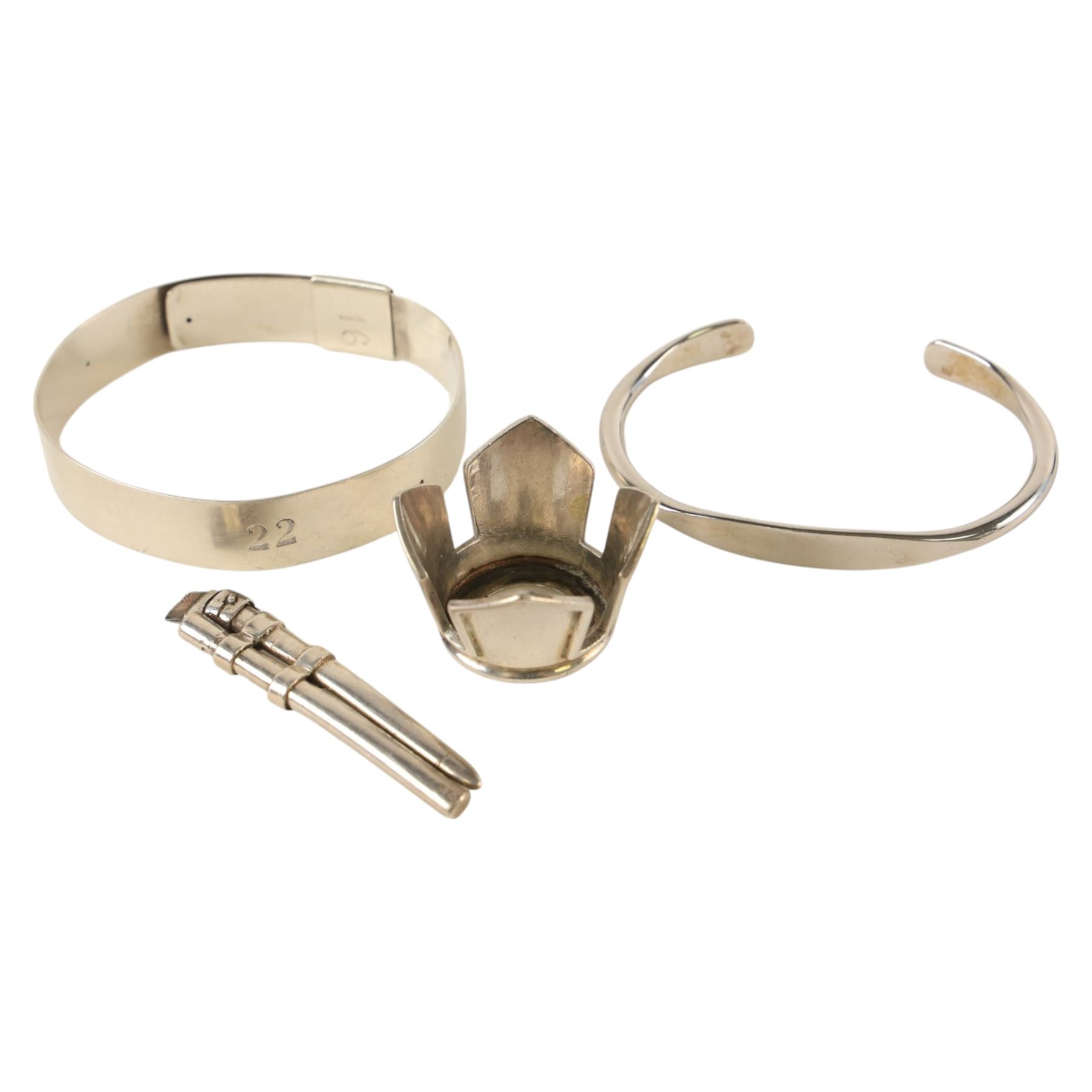 Two silver bangles, silver bottle collar etc