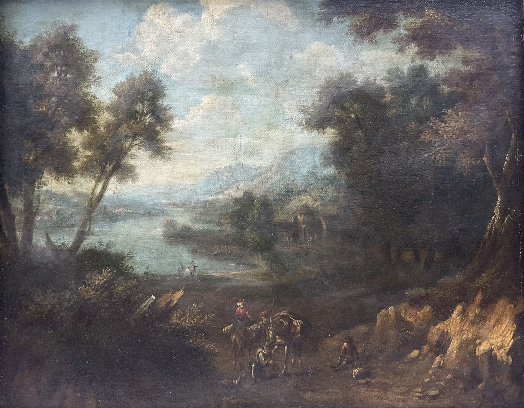 English School (Early 19th Century): Travellers Resting by a Lakeside on the Continent, oil on canvas unsigned, indistinctly inscribed verso 45cm x 55cm 