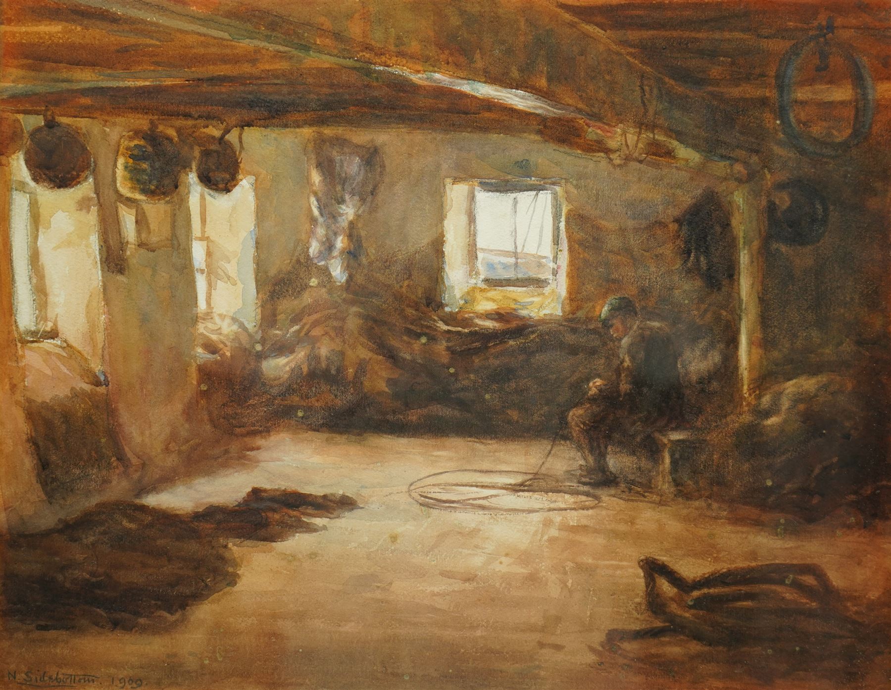Neville Sidebottom (British fl. 1910-1914): Sailmaker's Workshop, watercolour signed and dated 1909, 36cm x 44cm