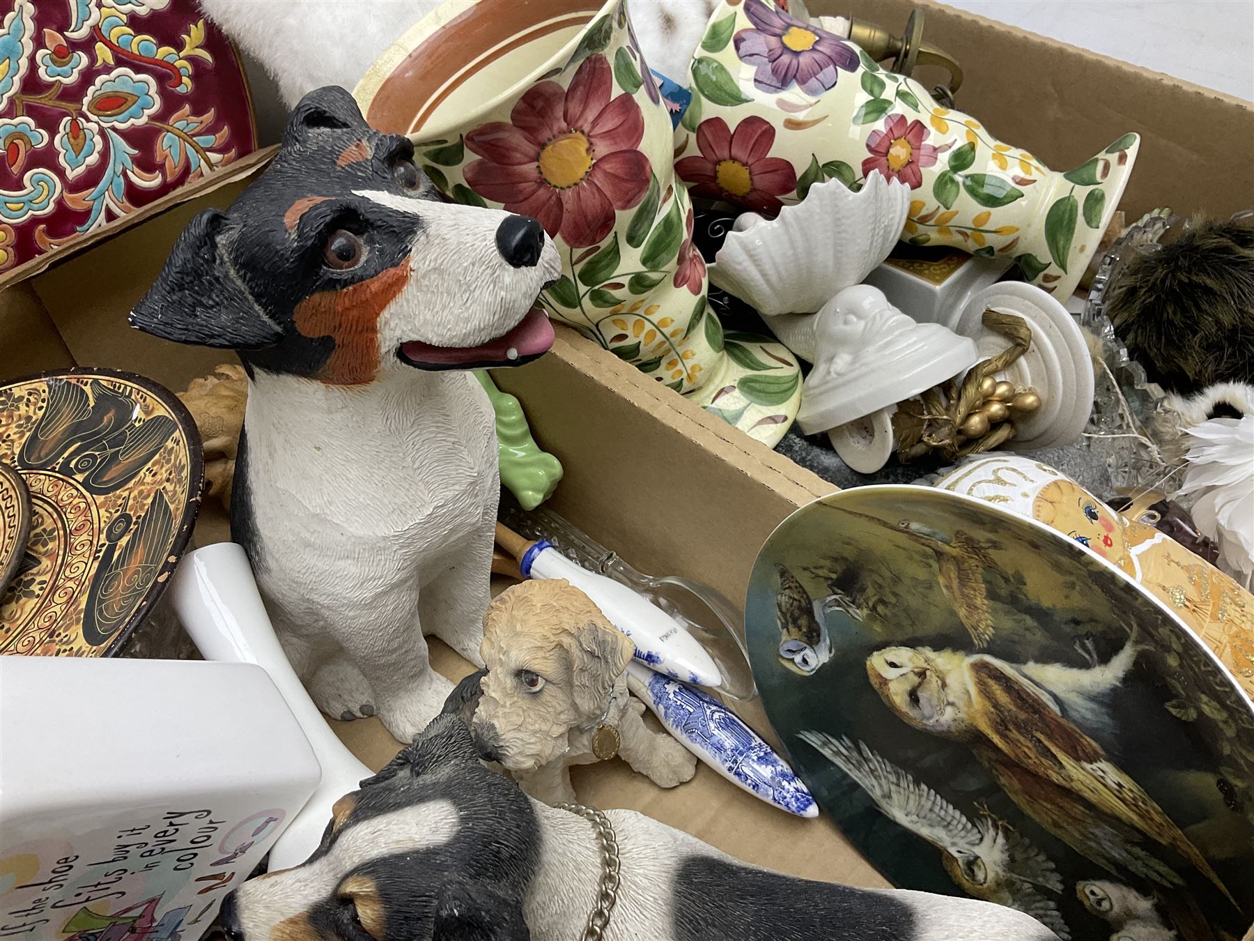 Sylvac green seated dog, together with pair Wade Heath vases, wall charger and other collectables, in two boxes  