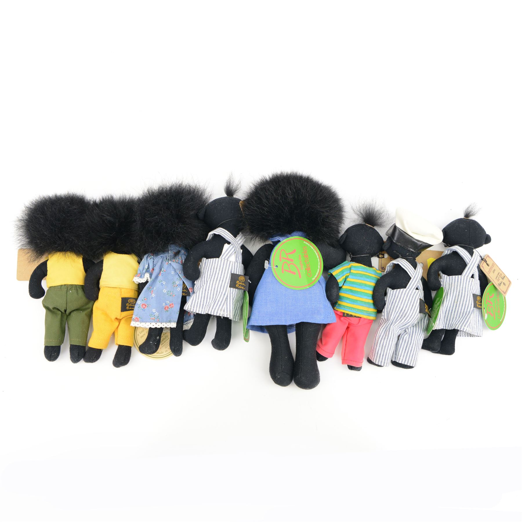 Eight Robin Rive limited edition miniature golly dolls, to include 'Tosy' no. 65/100, 'Little Salty' no. 226/500, 'Golly Sunshine' no. 45/200, 'Jonny Jonquil' no. 47/400, two 'Sabrina' no. 163/500 and 225/500, 'Misty' no. 424/500 and 'Jessie' no. 50/100, all with certificate tags, tallest H25cm