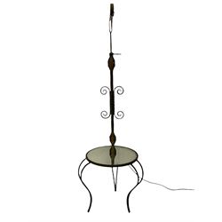Late 20th century painted metal standard lamp stand, decorated with scrolls and foliage, circular mirror table top (H153cm), a gilt metal standard lamp with twist stem (H153cm), and a gilt metal spark screen