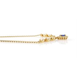 14ct gold sapphire and diamond necklace, the central diamond set ribbon design panel, suspending a pear cut sapphire of approx 0.25 carat, surrounded by twelve round brilliant cut diamonds, stamped, total diamond weight approx 0.25 carat