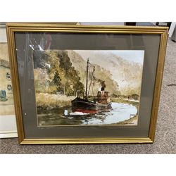 G A Townsend (British 20th century) 'The Trout Inn', watercolor signed and dated; M C W (British 20th century) The Wolds watercolor signed and dates, together with another watercolour and three landscape prints