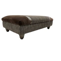 'Canterbury' rectangular footstool upholstered in brown fabric with contrasting textures, on turned feet