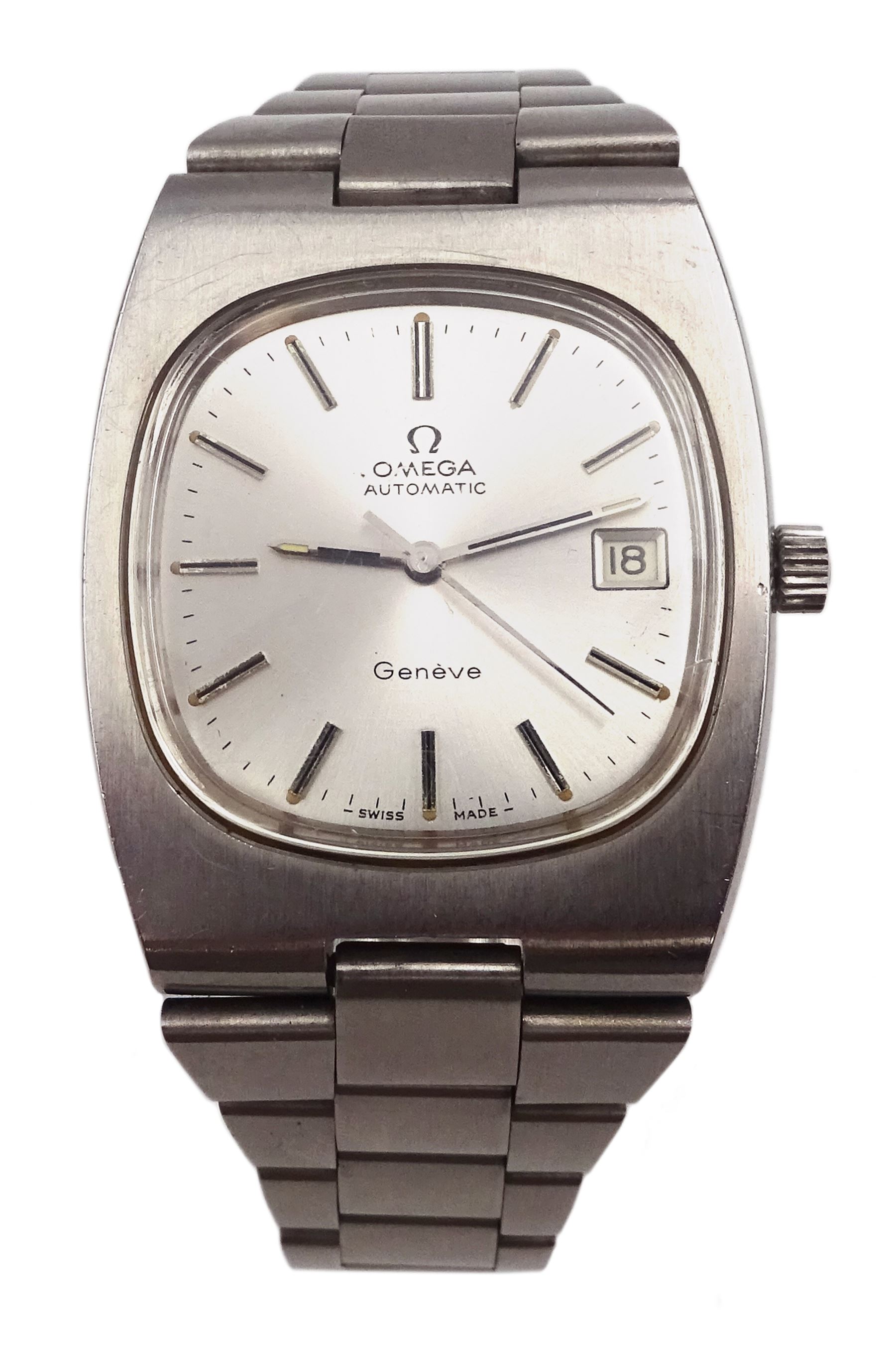 Omega Geneve automatic gentleman's stainless steel bracelet wristwatch, Ref. 	166.0191, Cal. 1012, silvered dial with date aperture, on original stainless steel bracelet