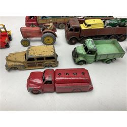 Dinky - sixteen unboxed and playworn die-cast models including Foden lorry, Big Bedford lorry with Halesowen Farm Trailer, Thunderbolt land speed record car, Spirit of the Wind racing car, market garden truck, Bedford tipper, station wagon, tanker, motorcycle combination etc; two Corgi models; and five Matchbox/Lesney models (23)
