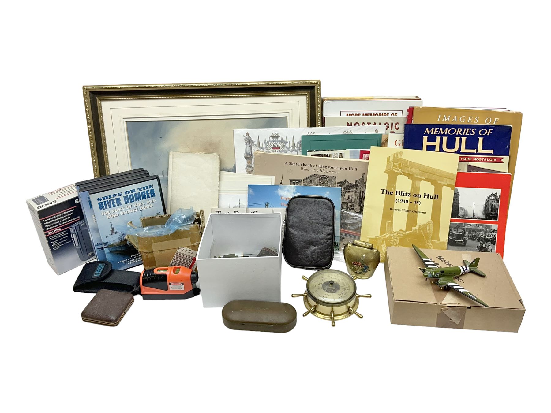 W. Marshall (20th century) - Town Dock Hull; watercolour; gilt frame; two Amy Johnson enamelled brooches as aircraft and Amy Johnson medallion; and quantity of books and booklets of Hull interest