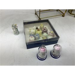 Quantity of thimbles to include twelve Irish Dresden lace examples, Royal Crown Derby, Spode, Portmeirion, Wedgwood, Royal Grafton etc, together with three display cases, many with certificates