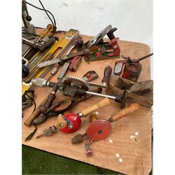 Large quantity of tools including, Stanley planes, hand cranked drills, Draper fret saw, pillar drill, saws and other tools - THIS LOT IS TO BE COLLECTED BY APPOINTMENT FROM DUGGLEBY STORAGE, GREAT HILL, EASTFIELD, SCARBOROUGH, YO11 3TX