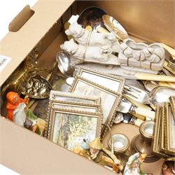 Collection of silver plated cutlery, silver candlesticks and pair of silver sugar tongues, brassware, jasperware biscuit barrel, set of miniature pictures, etc 