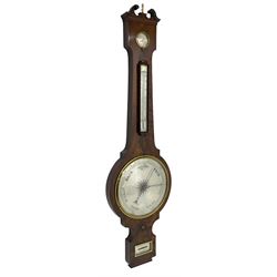 D Luvate of Preston - early Victorian mahogany mercury wheel barometer c1840, with a swan’s neck pediment and cavetto moulded square base, 8-inch silvered register calibrated in inches with a decorative star engraved centre, cast brass bezel and convex glass, with a steel indicating hand and brass recording hand, beneath a bowfronted Fahrenheit scale thermometer and hygrometer, rectangular spirit level signed D LUVATE, PRESTON.
Lacking recording hand button.
H109
Dominic Luvate is recorded as working as a barometer and looking glass maker in Friargate, Preston 1820-45
