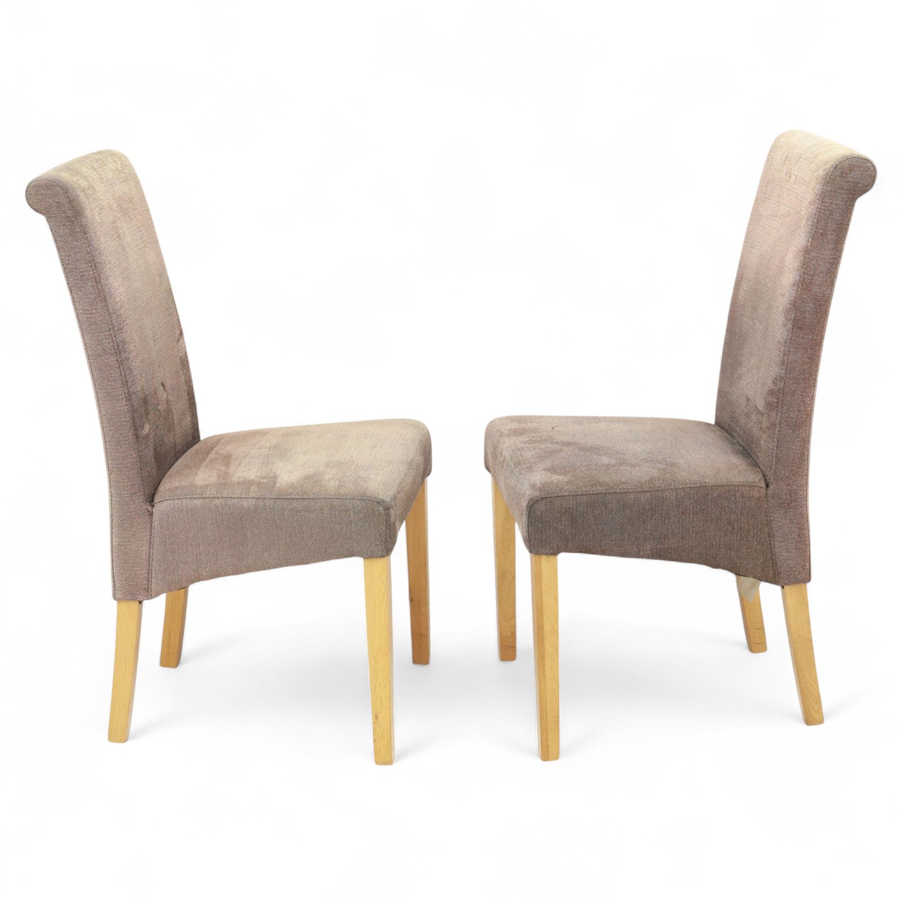 Oak Furnitureland - Pair of contemporary upholstered dining chairs, with high tapering backs and padded seats in taupe brown microfibre fabric, raised on solid oak square section legs