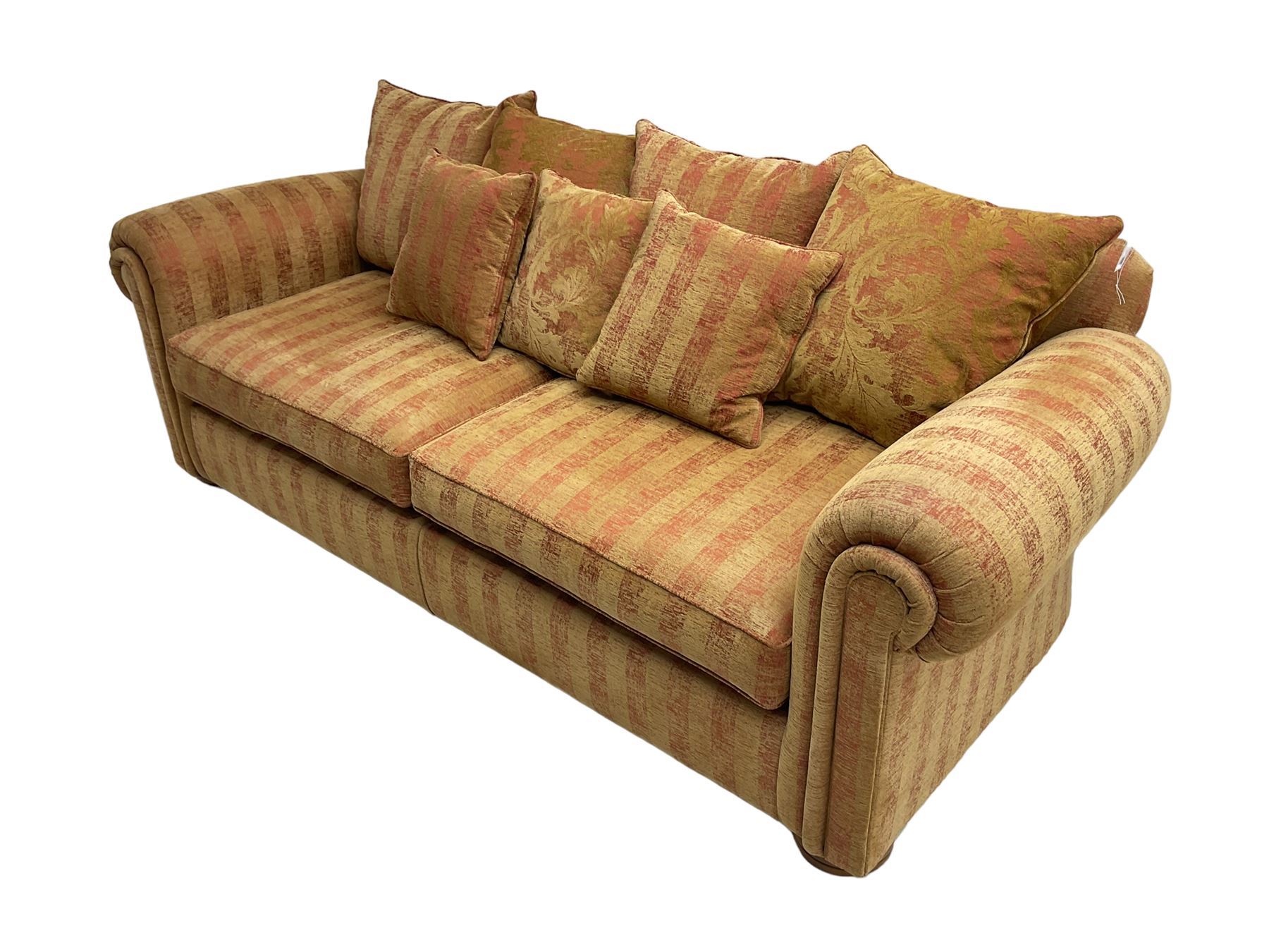Duresta - 'Waldorf' sofa bed, traditional shape with rolled arms upholstered in red and gold striped fabric, together with scatter cushions upholstered in foliage pattern fabric