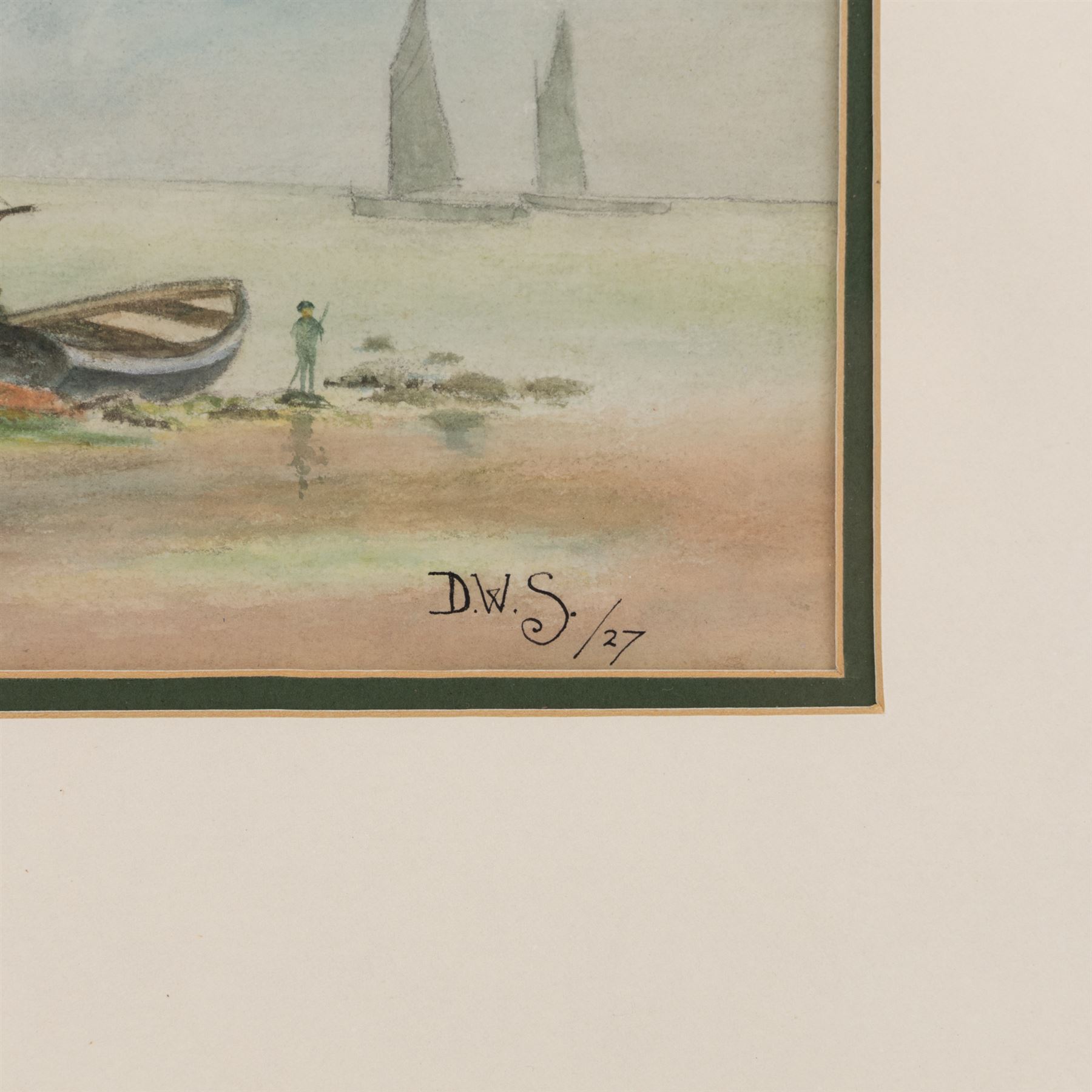 R Livingstone (English School 20th Century): Jockey on Horseback - potentially Lester Piggott, oil on wood panel signed; S Sparke (British 20th century): Roseberry Topping, pair of watercolours signed, one dated '84, and D W S (English School 20th Century): Boats Washed Up on the Beach, pair of watercolours signed with initials and dated '27, max 20cm x 45cm (5)