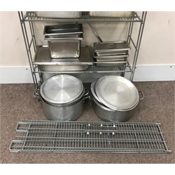  A quantity of large pans, gastro pans and a shelving rack  