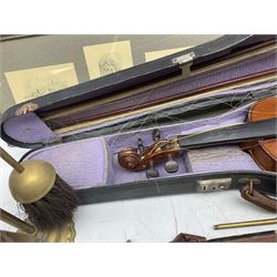 Cased violin with two bows, together with reenactment swords, brass planter and other collectables 