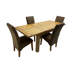 Contemporary oak extending dining table, rectangular top with canted corners on square supports, with two additional leaves (W133cm D93cm H78cm); and set four high back dining chairs, upholstered in brown faux suede (W46cm H103cm)