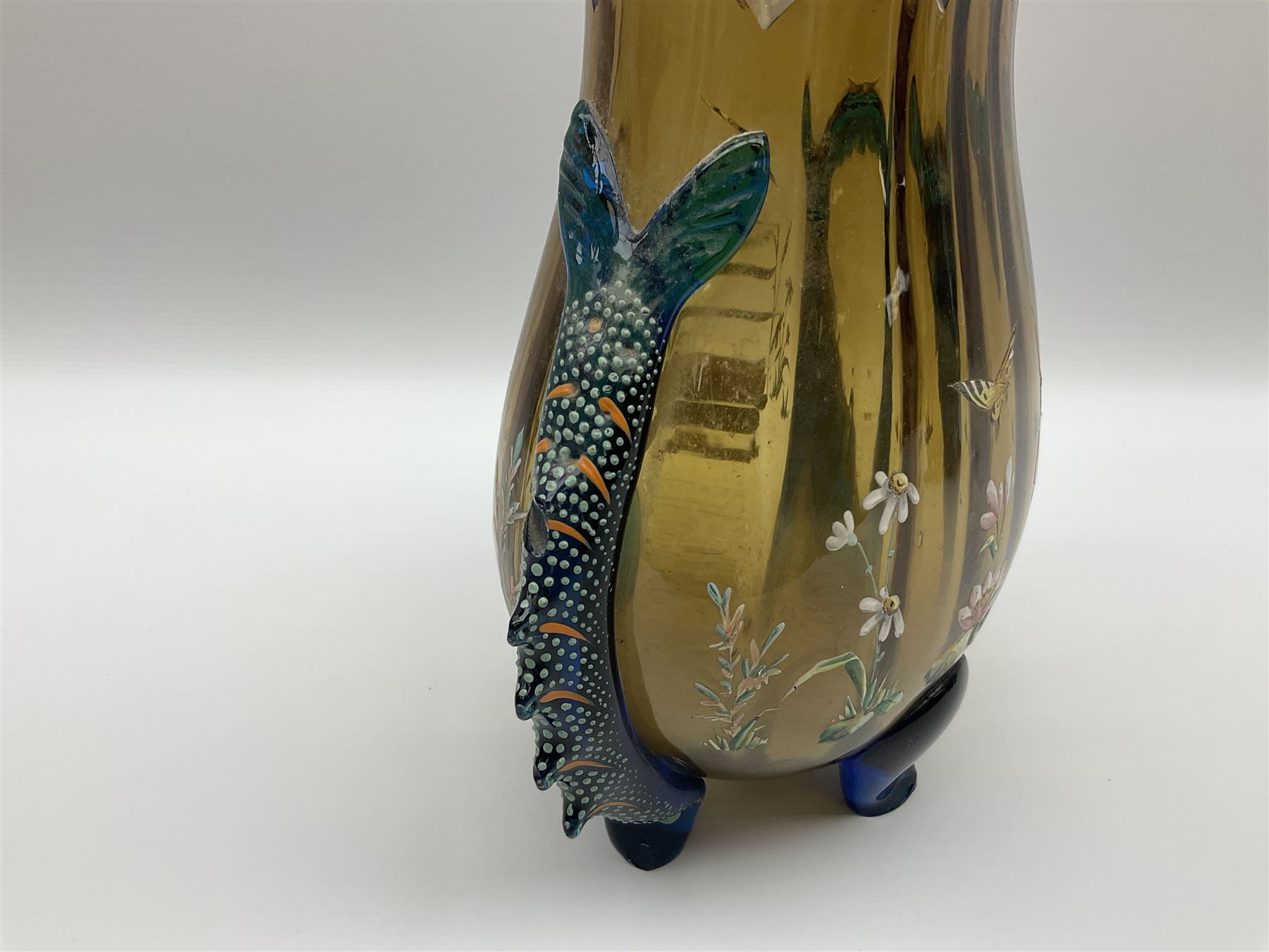 Pair of 19th century glass vases in the style of Auguste Jean, of bulbous form with lobed rim and applied blue glass zoomorphic handles, painted with enamel flowers, dragonflies and swans, upon four blue glass feet, H26cm