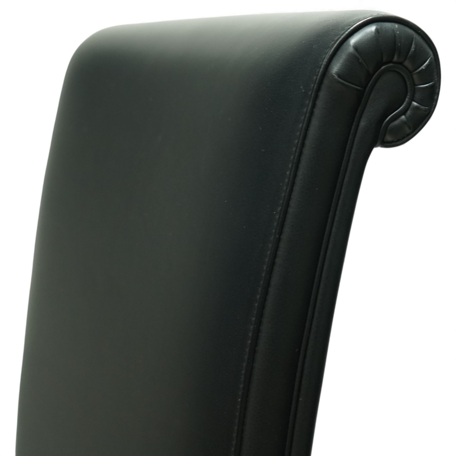 Poltrona Frau - set of eight ‘Vittoria’ dining chairs, each upholstered in black Pelle Frau leather with rolled top-cresting backs and saddle-stitched seams, raised on tapering stained beech supports