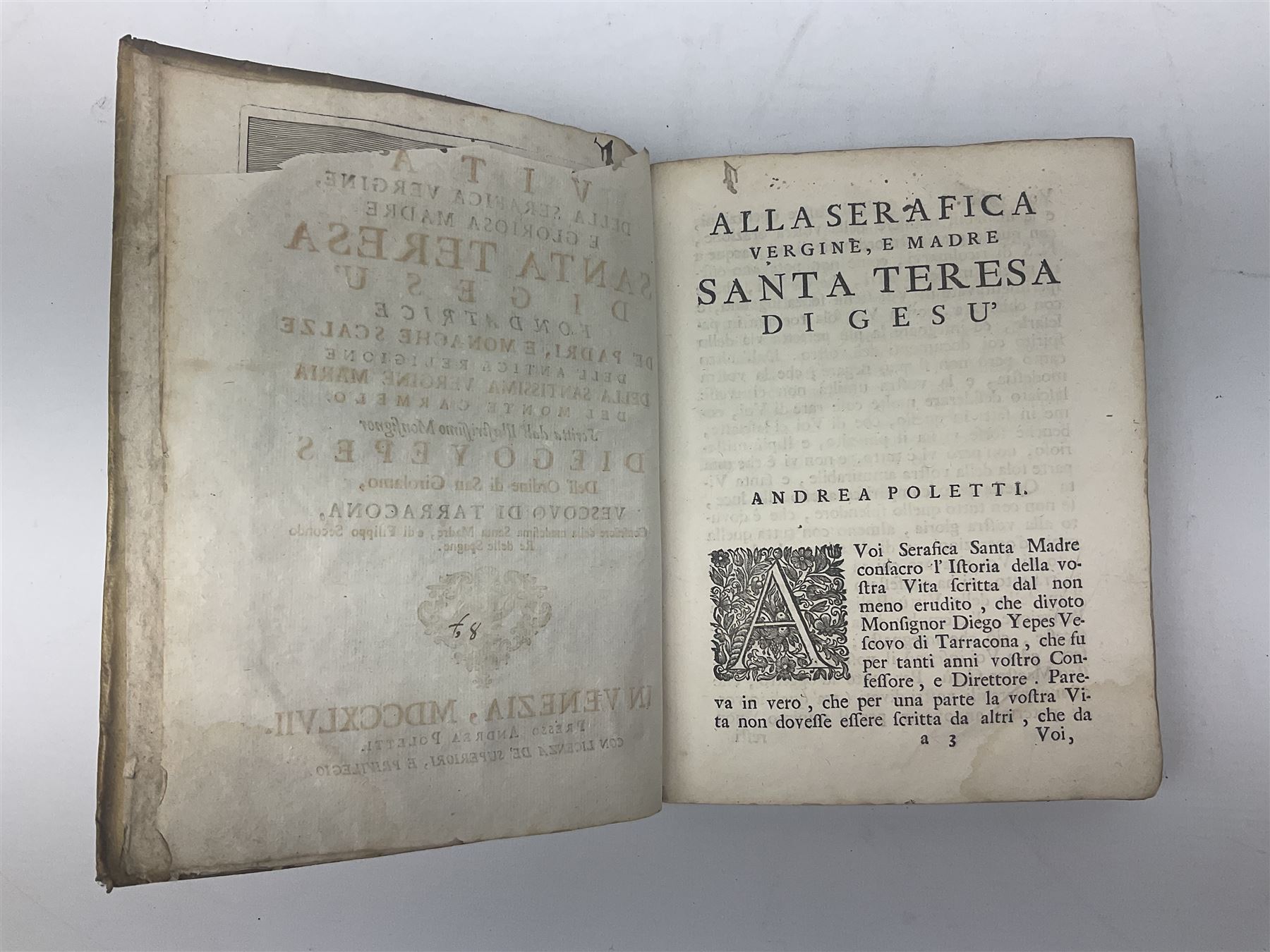 Vita Della Serafica Vergine, E Gloriosa Madre Santa Teresa Digesu .... 1747 Venezia Presso Andrea Poletti. Engraved frontispiece; and Iusti Lipsi Diva Sichemiensis fiue Aspricollis: Nouaeius Beneficia & Admiranda. 1605 Antwerpiae Ex officina Plantiniana. Engraved title page. Both with full vellum binding (2)